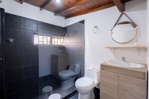 Douche, sèche-cheveux, serviettes fournies, savon