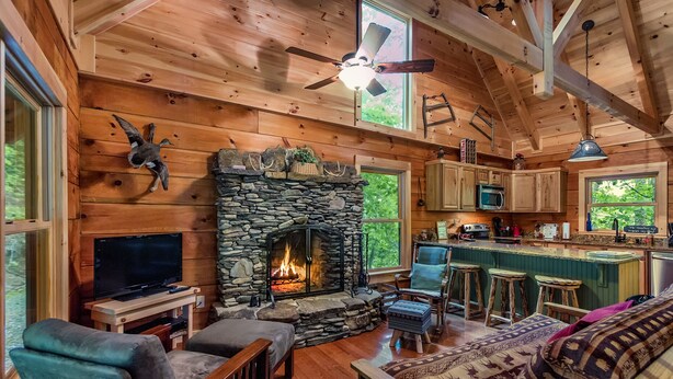 Un interior de cabaña acogedor con chimenea de piedra, paredes de madera, un televisor y una zona de cocina.