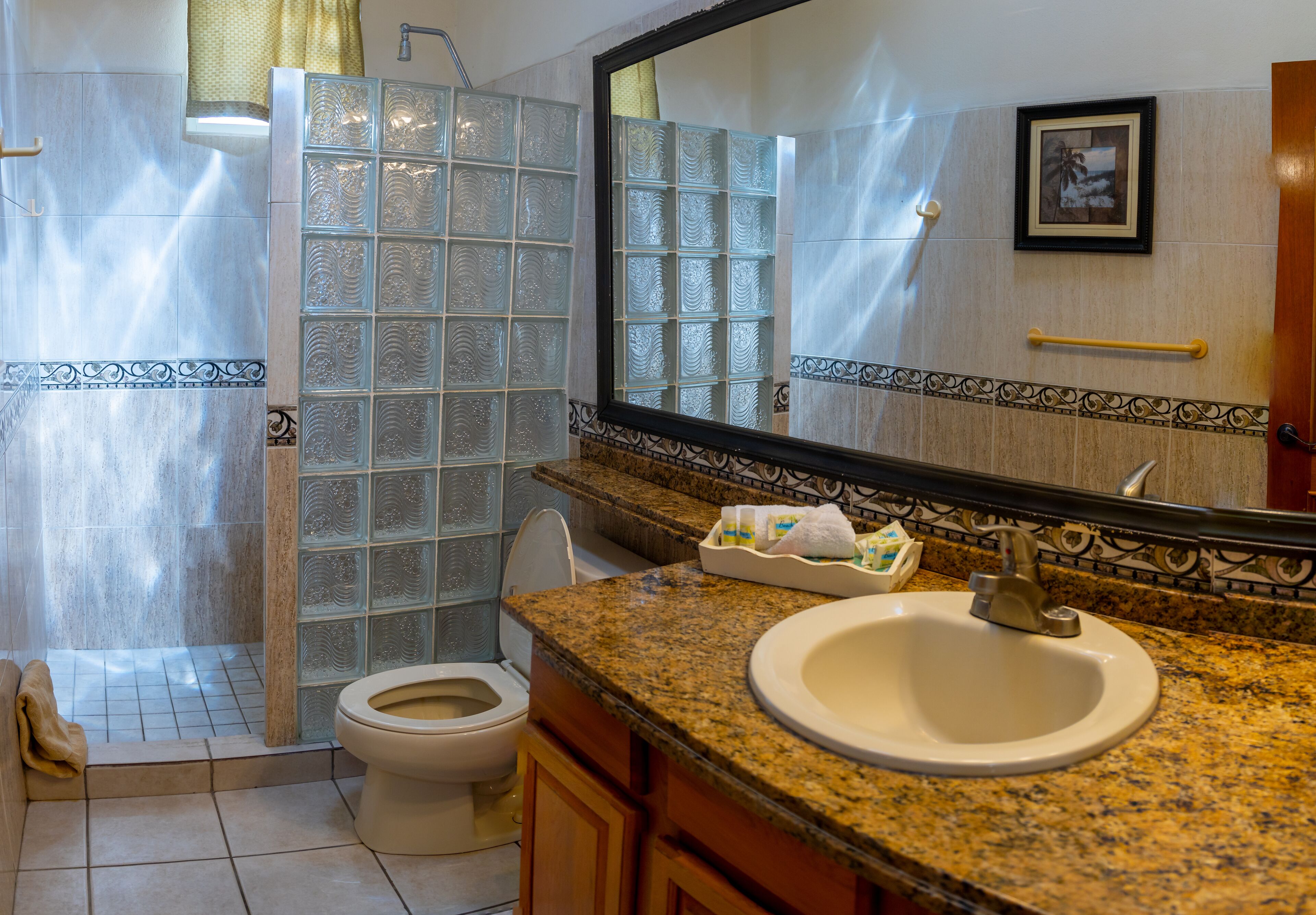 A bathroom with a glass shower enclosure, a toilet, a sink with a mirror, and a towel rack.