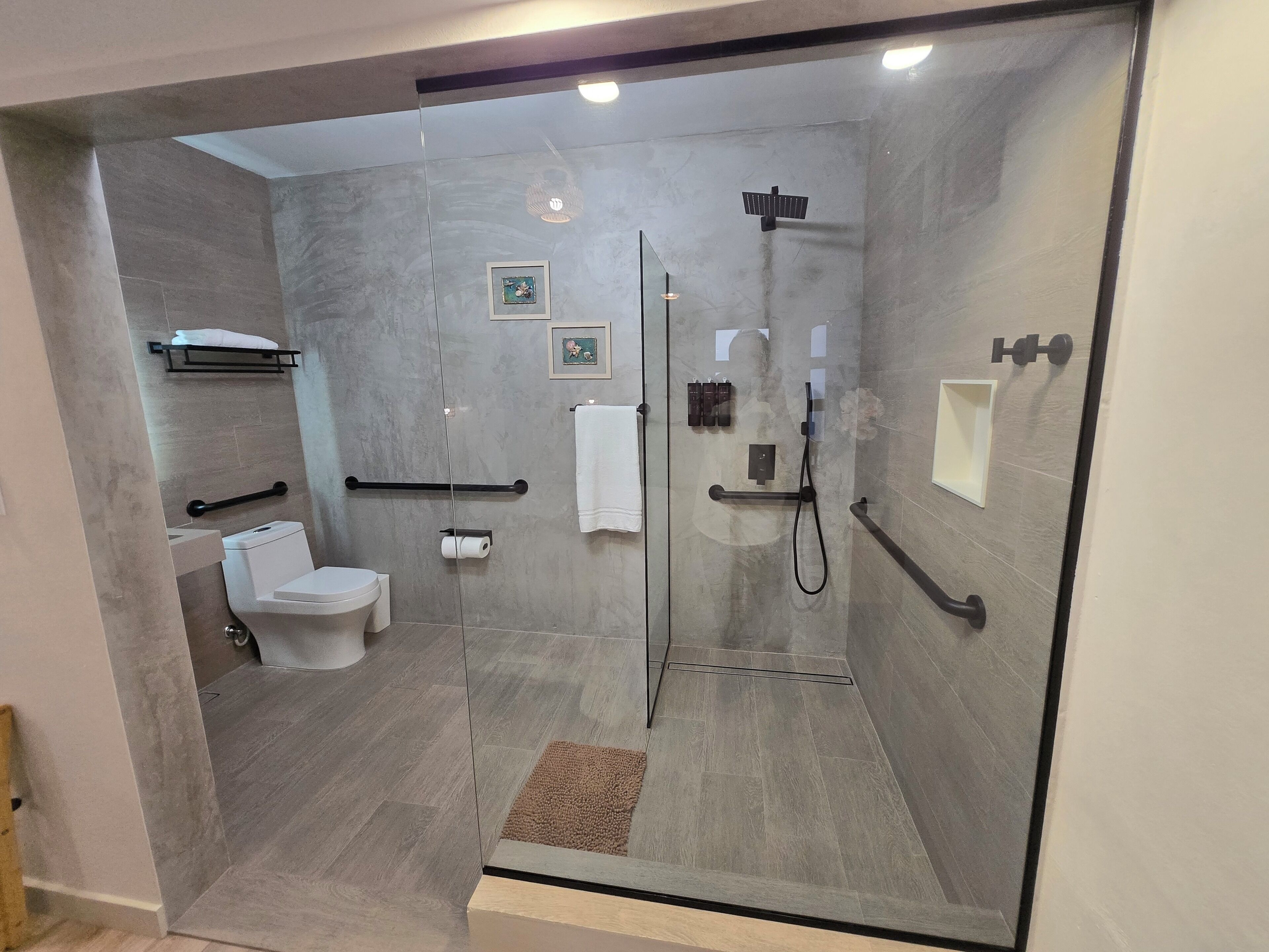 A modern bathroom with a glass-enclosed shower, a toilet, and a sink.