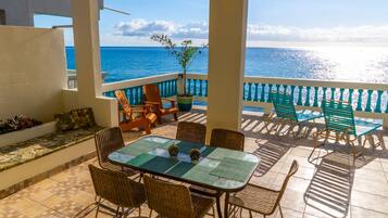 A terrace with a table and chairs, a potted plant, and a view of the ocean.