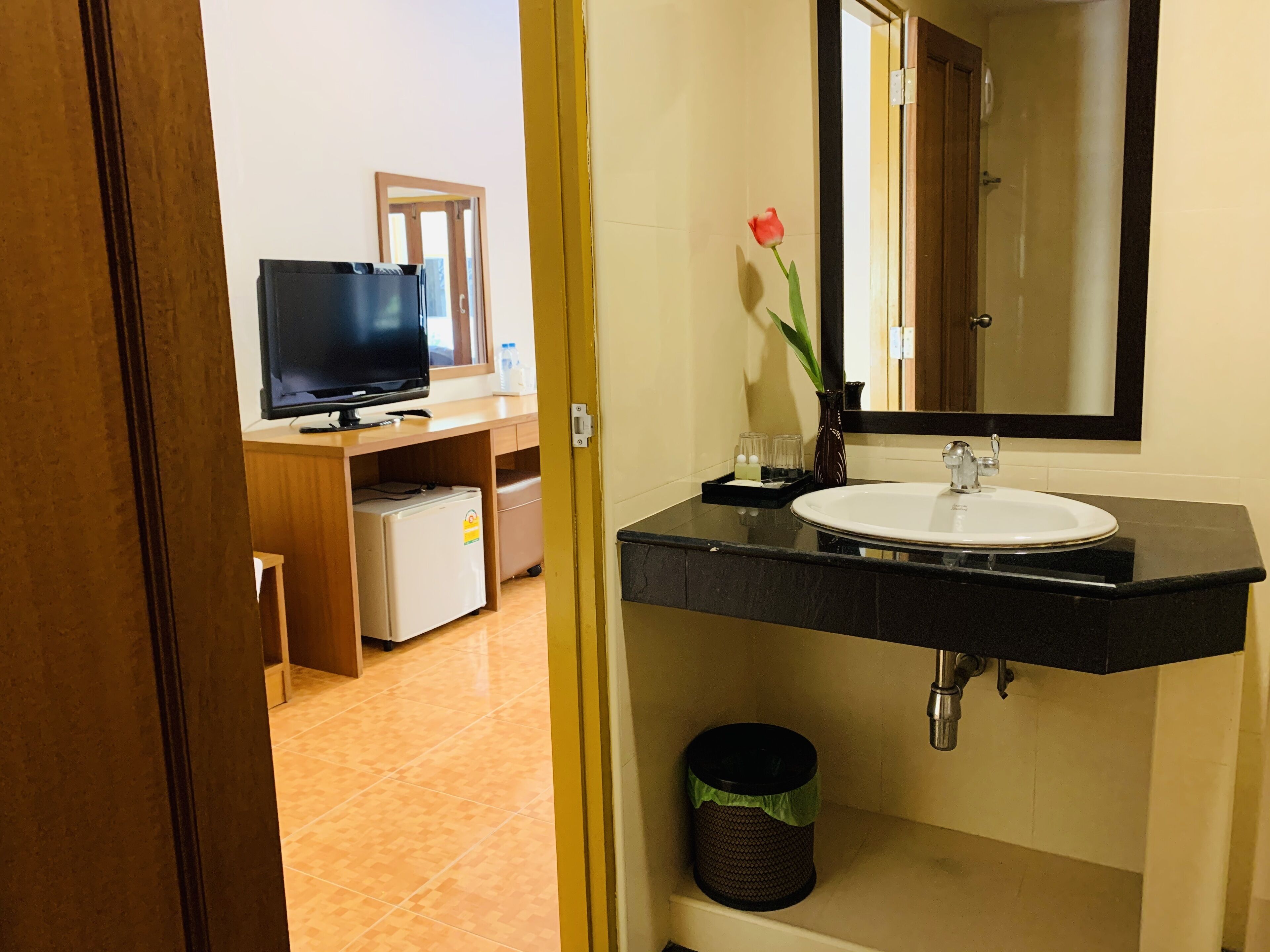 Un baño de hotel con lavabo, espejo y televisor sobre una encimera de madera.