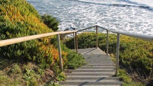A set of stone steps leading down to the beach with a metal railing on the left. - Oceanfront Retreat. Sunset Views. Whale Watching. Redwood Groves, 2 King Beds (Crescent City)