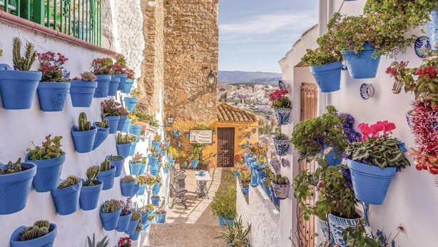 A narrow street with blue potted plants on the walls, a stone tower, and a view of a town in the distance. - Lovely home in Iznájar (Iznájar)