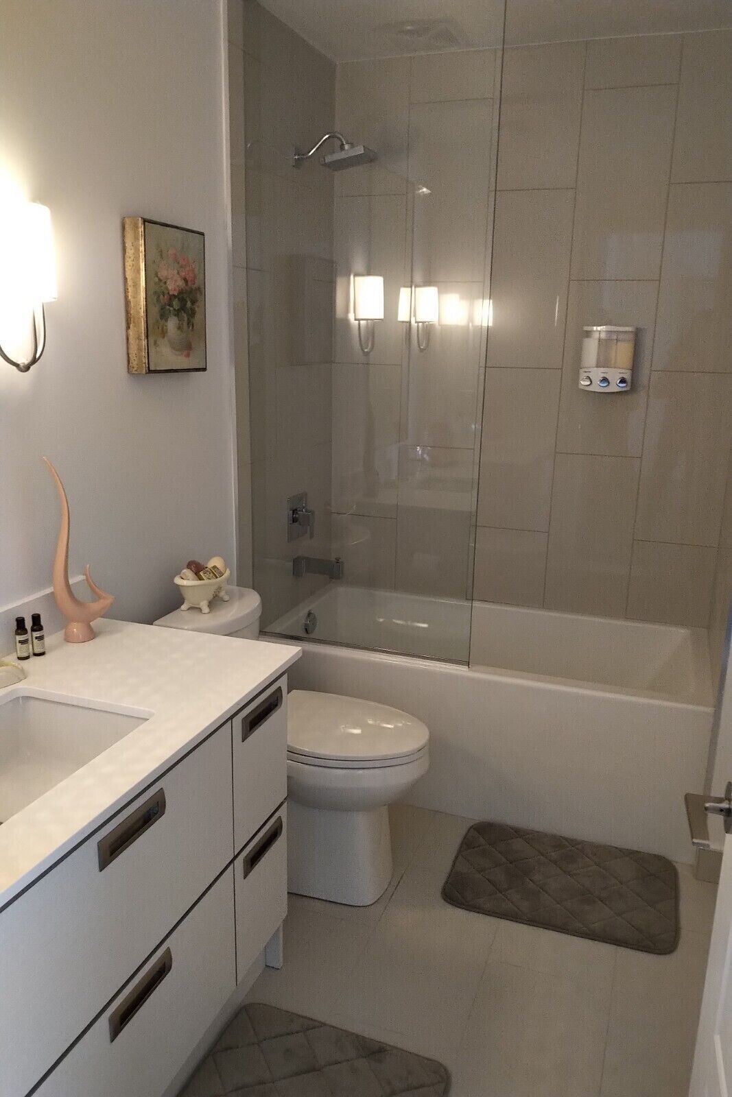 Hair dryer, towels, soap, shampoo