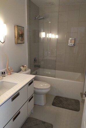Hair dryer, towels, soap, shampoo