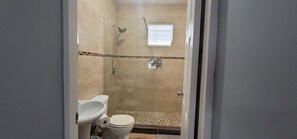 Un baño con ducha, inodoro y lavabo.