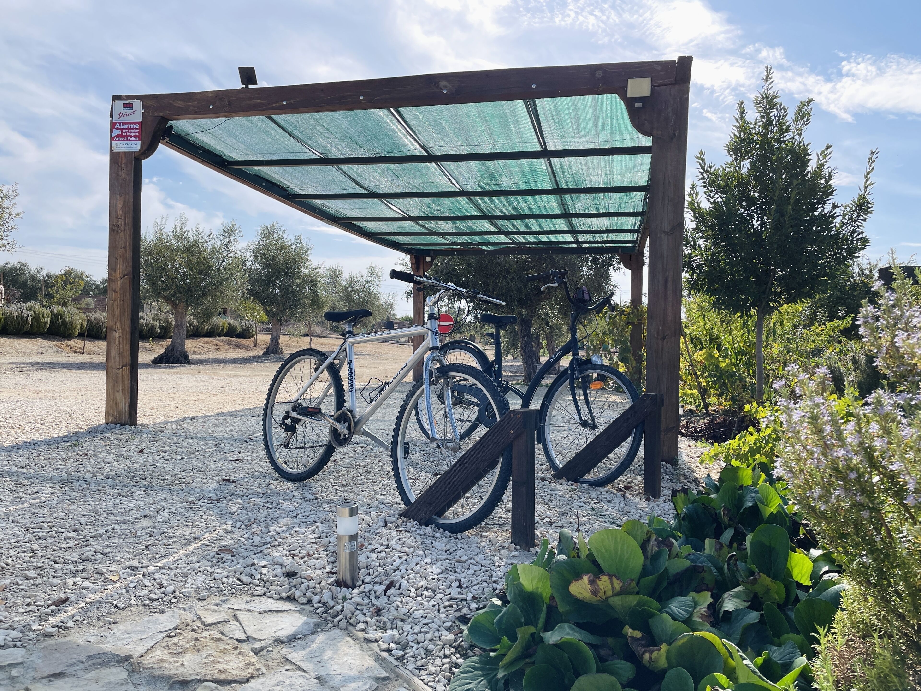 Un abri à vélos fermé, sous lequel sont garés deux vélos, le tout entouré de gravier et de verdure.