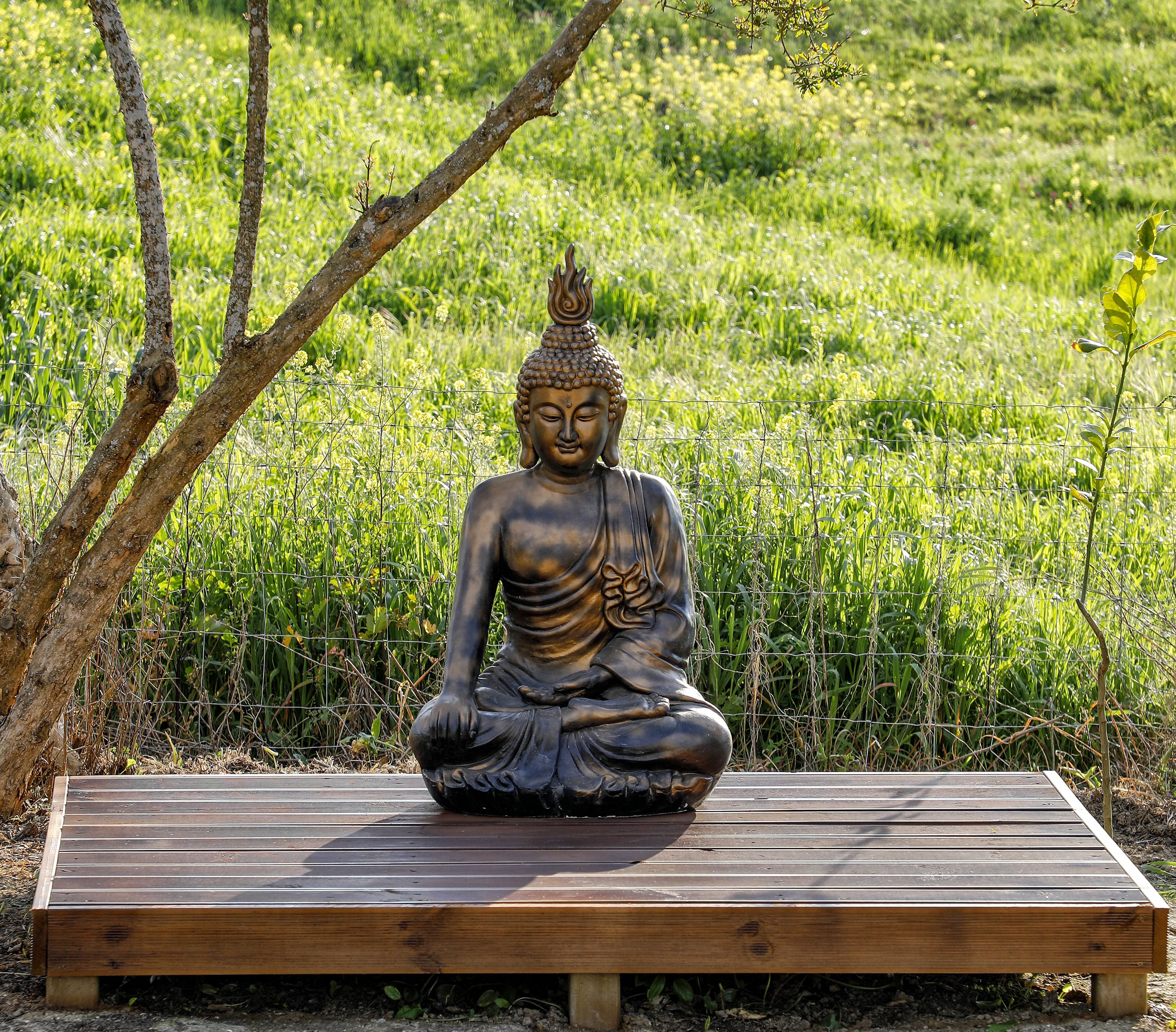 A bronze Buddha statue seated on a wooden platform in a grassy area.