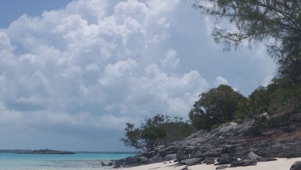 A beach with clear turquoise water, white sand, and a rocky outcrop with trees. - Historic Island Retreat on Little Exuma (Little Exuma)