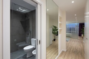 Douche, séchoir à cheveux, bidet, serviettes fournies