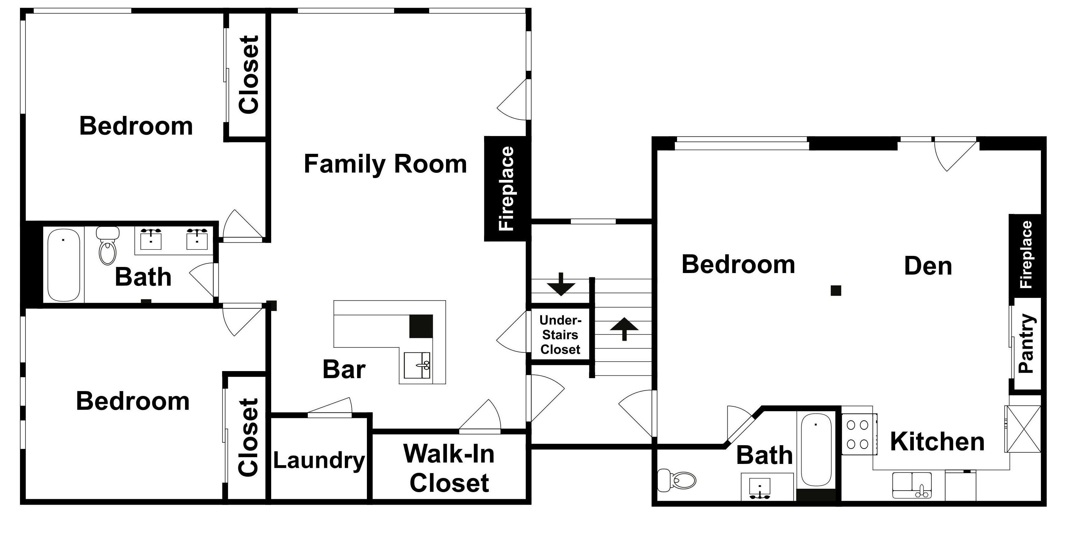 A floor plan with two bedrooms, a family room, a bar, a laundry area, a walk-in closet, a bathroom, a kitchen, a den, and a fireplace.