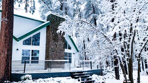 A modern house with a stone facade, large windows, and a green roof, surrounded by snow-covered trees. - #AzStoneCabin- Finest Luxury Cabin In Pinetop- Lakeside! (Pinetop)