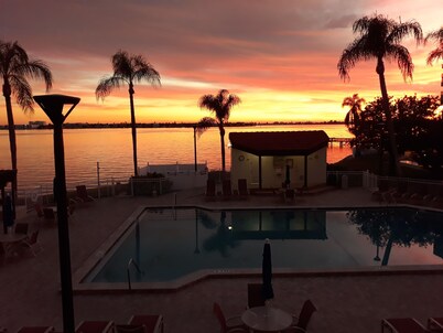 Drive right up to your unit, overlooking the pool area, palm trees, Boga Ciega Bay and beautiful sunsets.