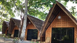 A row of thatched-roof cabins with large windows and wooden benches outside. - Set amidst lush greenery and azure waters of the Pacific Ocean. (Surigao)
