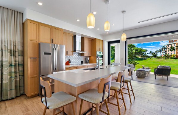 Fridge, microwave, oven, stovetop - Maui Resort Rentals: Luana Garden Villas 6A – Modern 3BR Villa at Kaanapali’s Newest Luxury Residences! (Lahaina)