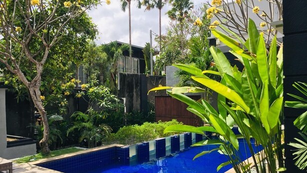 A swimming pool surrounded by lush greenery and modern architecture. - Villa Glas (Kerobokan)