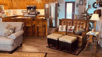 TV connectée, cheminée, lecteur de DVD, livres