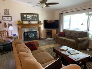 Smart TV, lareira, DVD player, livros