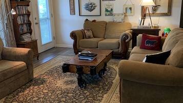 TV connectée, cheminée, lecteur de DVD, livres