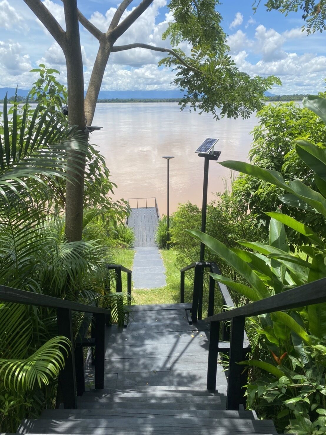 A wooden staircase leading to a viewing platform overlooking a calm body of water, surrounded by lush greenery.