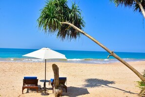 Ein Strand mit einem weißen Sonnenschirm, zwei Holzstühlen und einer Palme.