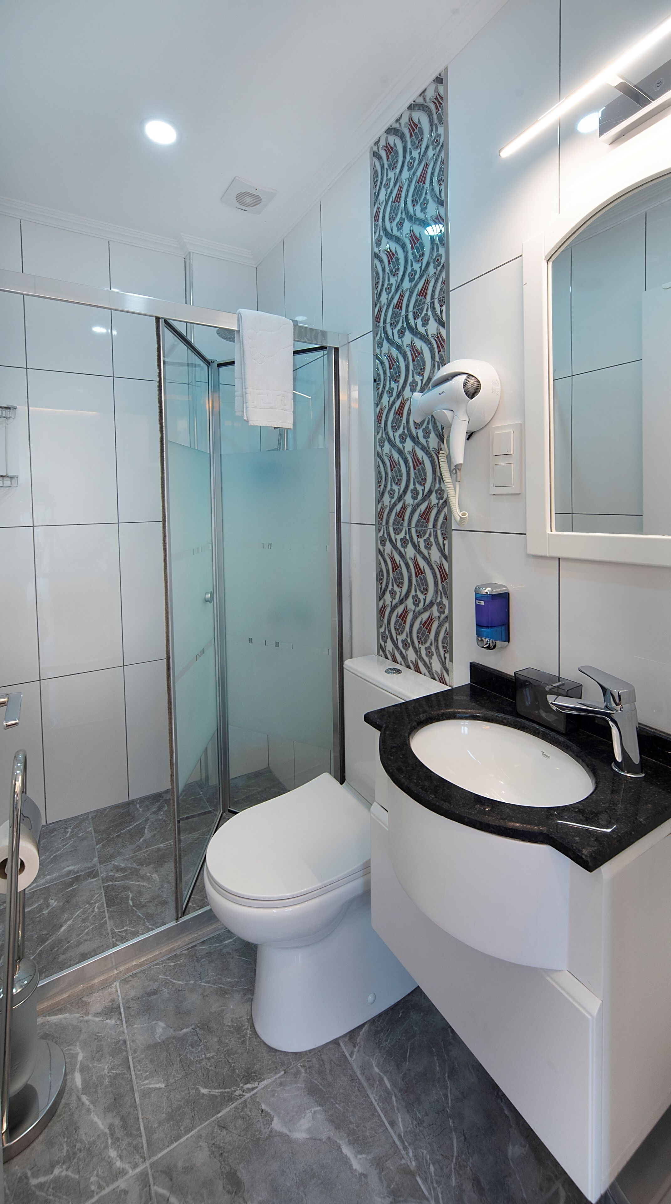 Een douche, een regendouche, gratis toiletartikelen, een haardroger
