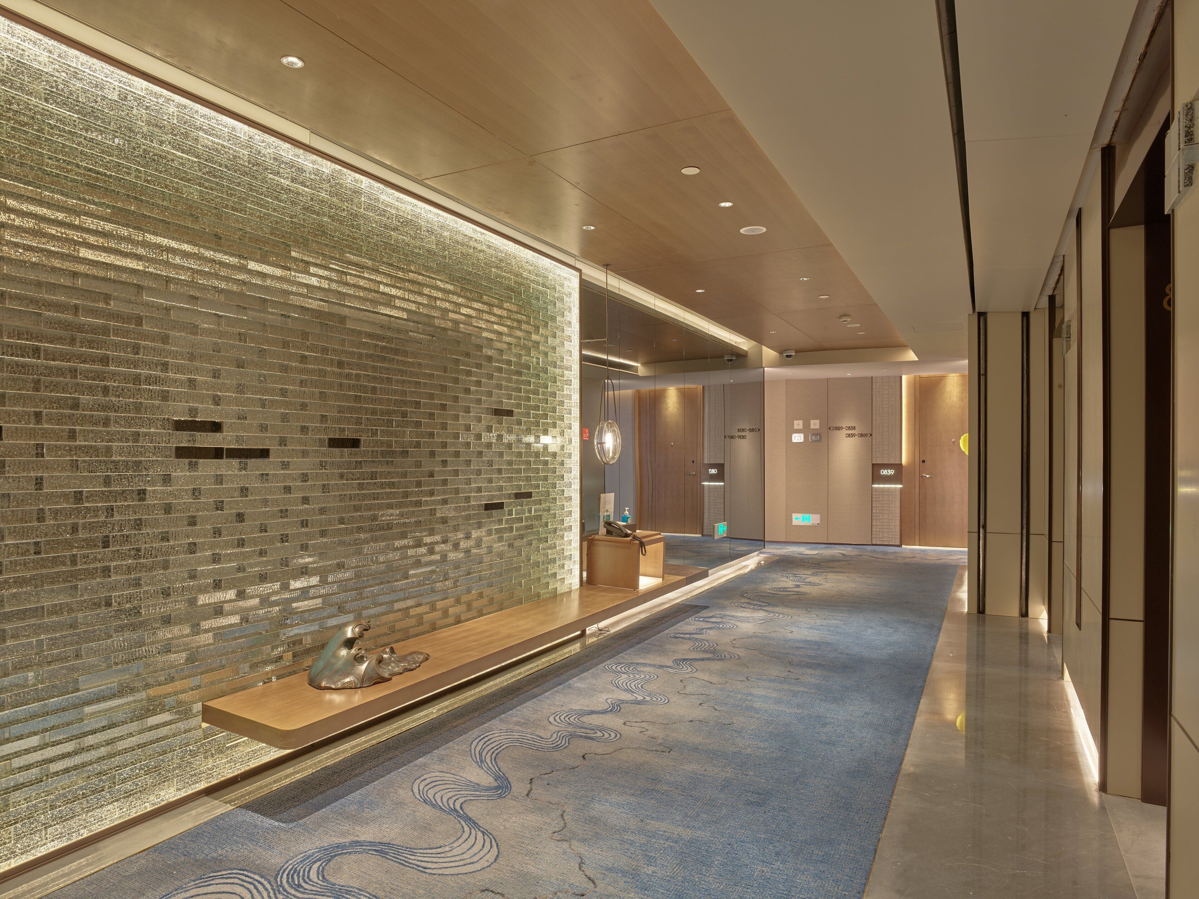 A modern hotel lobby with a long reception desk, a decorative wall, and a patterned carpet.