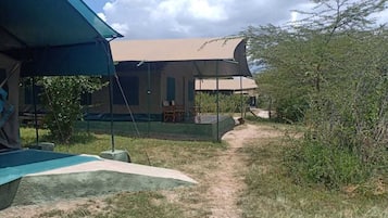 Guests can enjoy the view from the open veranda with a curved roof, surrounded by natural vegetation.