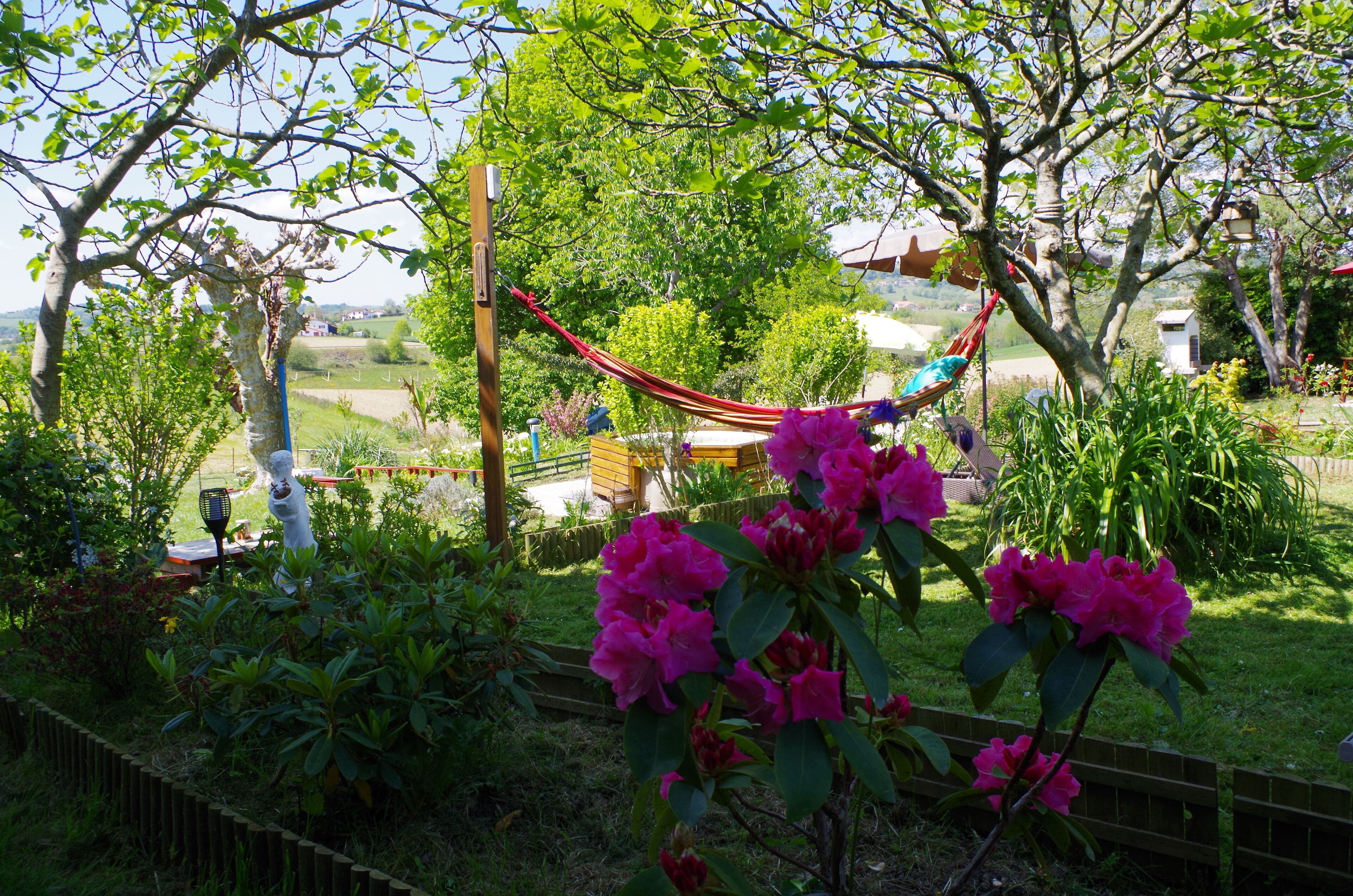 A hammock in a lush garden with blooming flowers and a wooden fence.