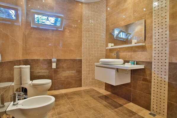 Combined shower/tub, hair dryer, towels, shampoo