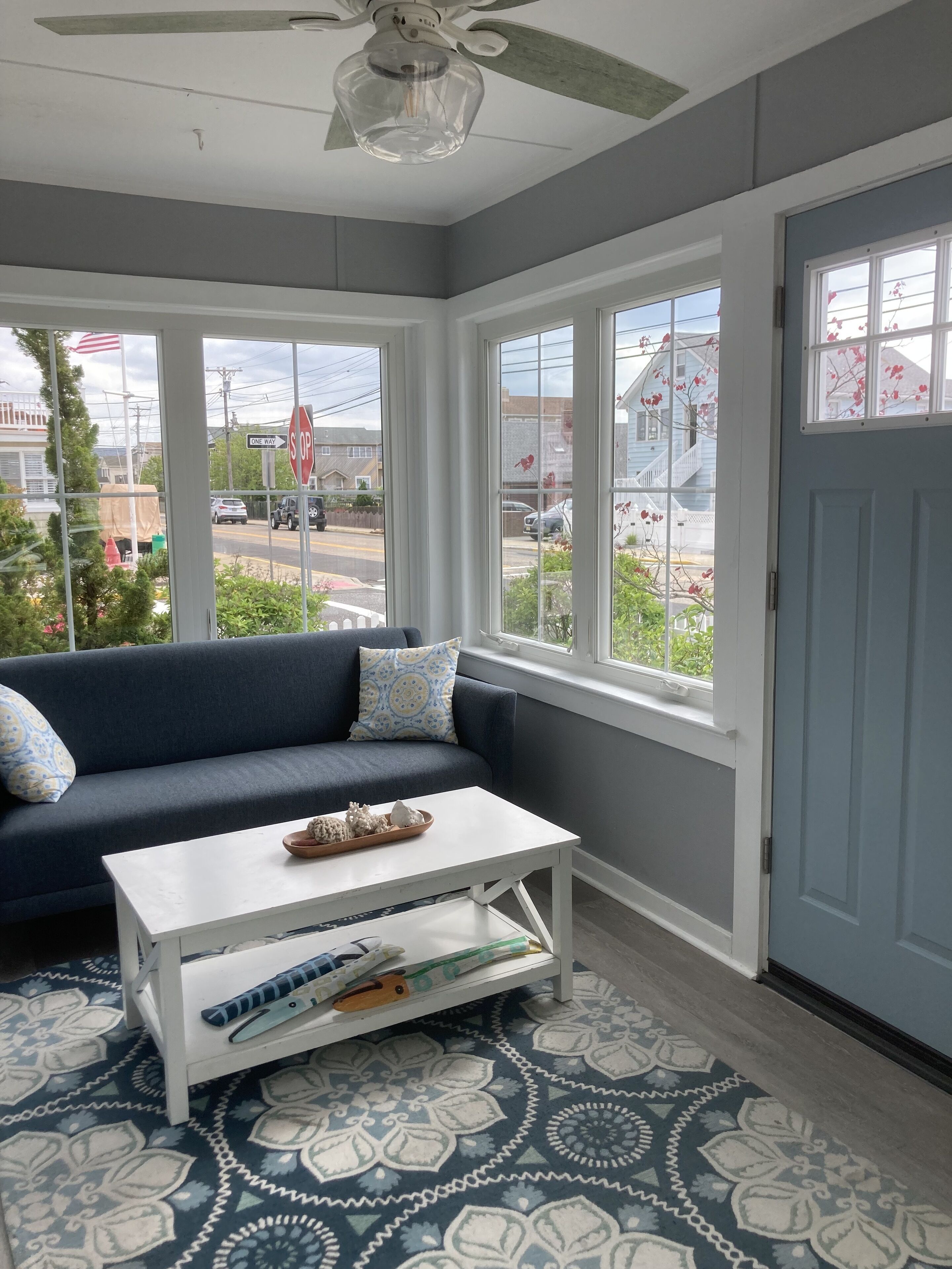 Smart TV, fireplace, books