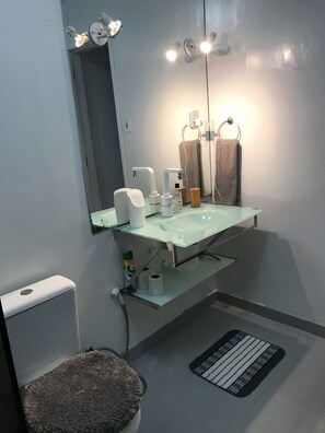 Douche, sèche-cheveux, serviettes fournies, savon