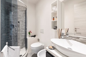 Hair dryer, towels, soap, shampoo