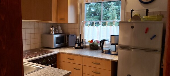 Fridge, microwave, stovetop, coffee/tea maker