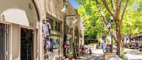A street with shops, outdoor seating, and a tree-lined sidewalk.