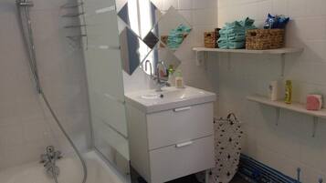 Shower, hair dryer, soap, shampoo