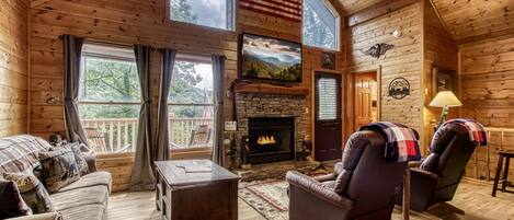 Smart TV, fireplace, video games, DVD player