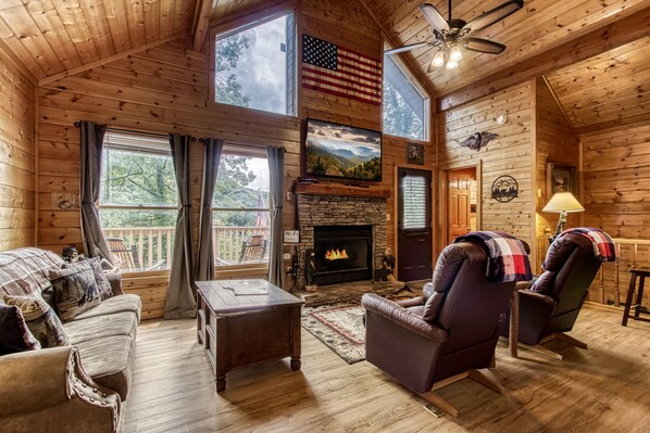 Smart TV, fireplace, video games, DVD player