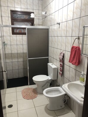 Shower, hair dryer, bidet, toilet paper