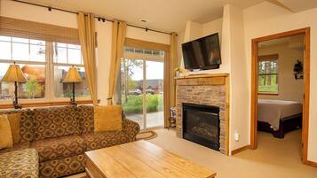 Televisión, chimenea y reproductor de DVD