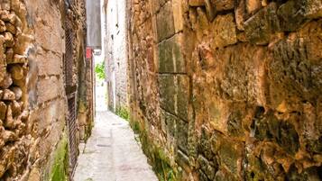 Une ruelle étroite pavée de pierres, avec un chemin bordé de pavés.