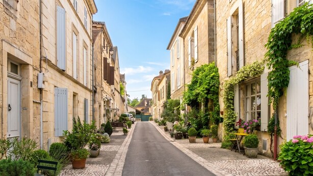 A narrow street lined with stone buildings, some with shutters, and potted plants along the sidewalk. - Homerez - Studio in Beaumont-du-Périgord (Beaumont-du-Périgord)