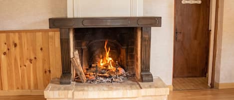 A fireplace with a fire, a wooden door, and a wooden panel wall.