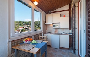 Fridge, microwave, stovetop, cookware/dishes/utensils