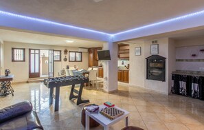 TV, fireplace, foosball