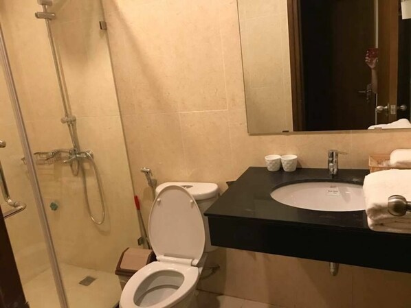 Hair dryer, shampoo, toilet paper