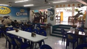 A restaurant interior with blue plastic chairs, white tables, and walls decorated with fish and Corona beer logos. - Hotel Juarez (Cuernavaca)
