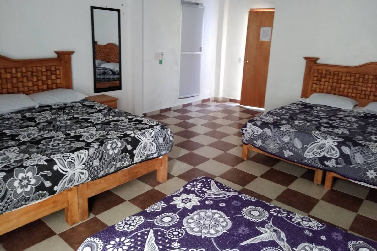 Una habitación con dos camas, piso a cuadros, cabecera de madera, un espejo y una puerta.