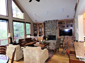 Smart TV, fireplace, DVD player, books